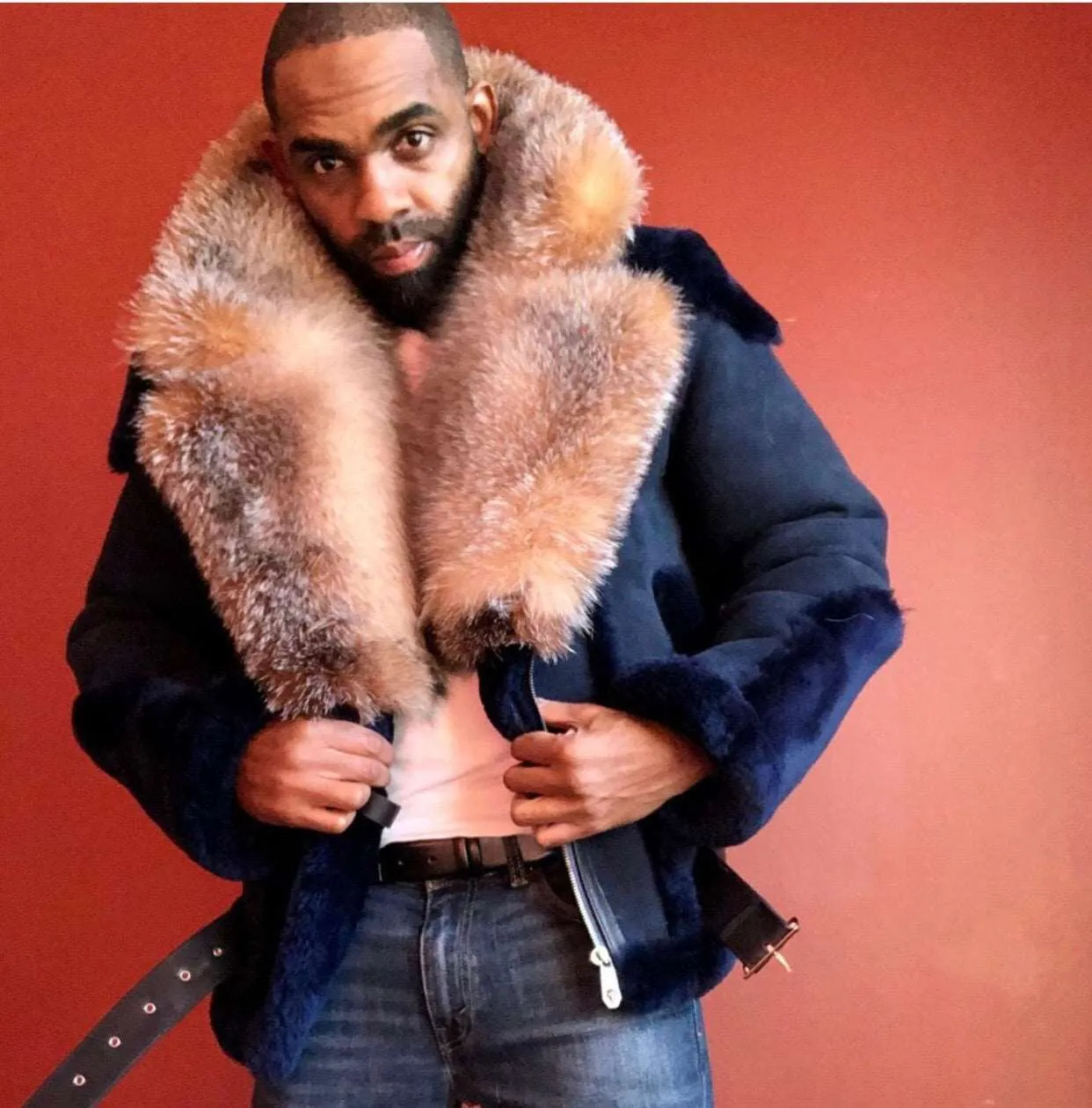 Men's Custom Made Blue Suede Biker Shearling with Crystal Fox Fur Collar