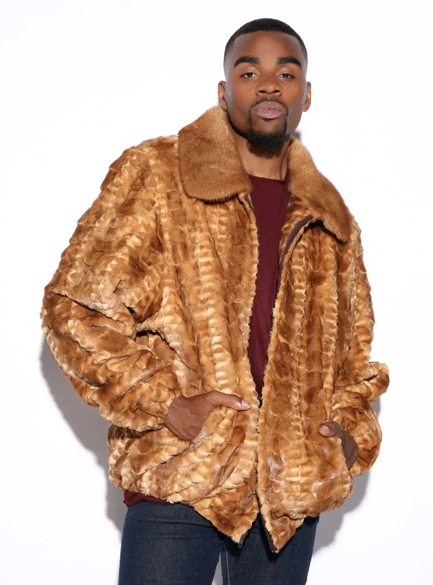 Men's Sheared Mink Fur Bomber Jacket with Full Skin Mink Fur Collar