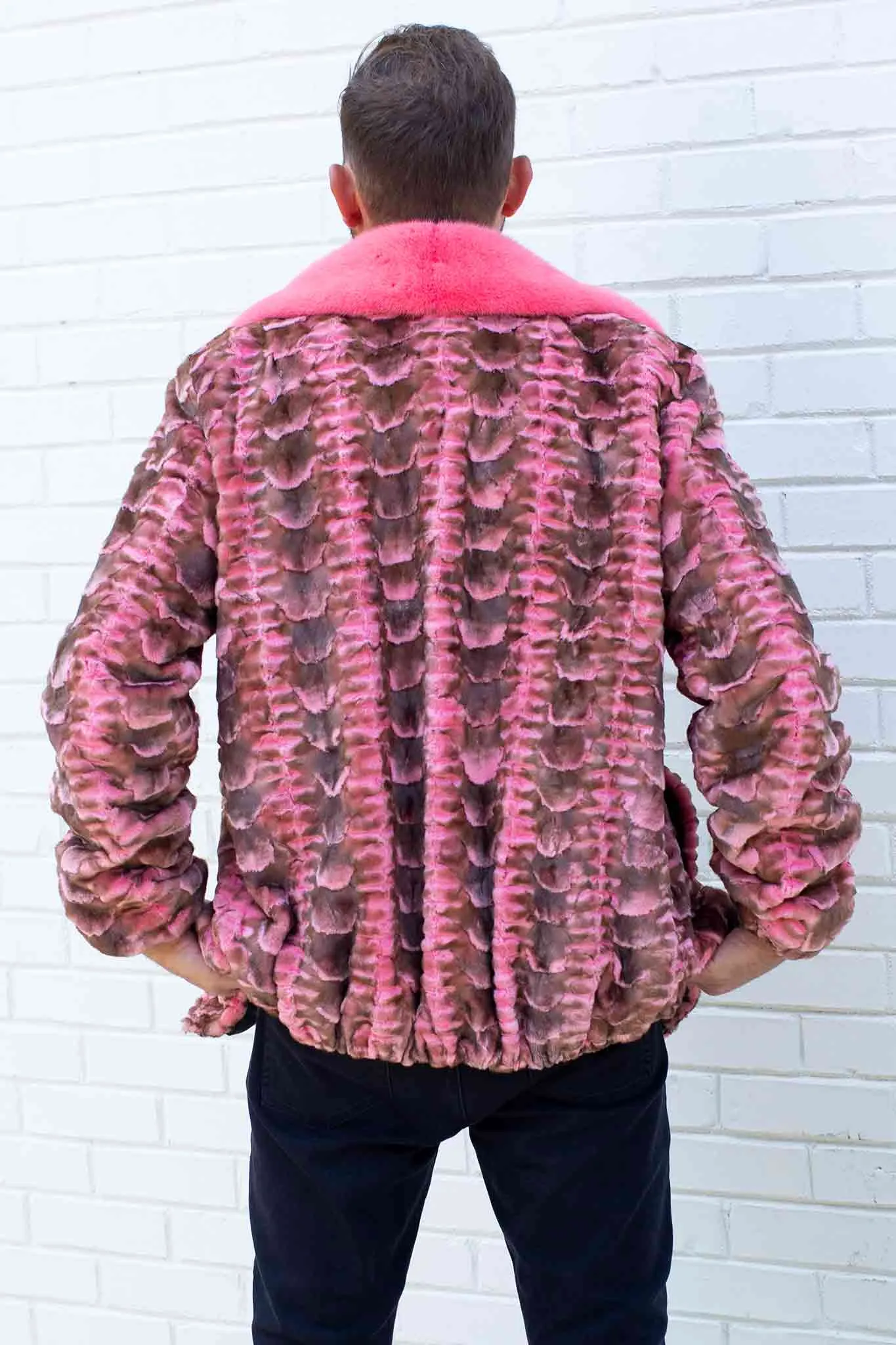 Men's Sheared Mink Fur Bomber Jacket with Full Skin Mink Fur Collar
