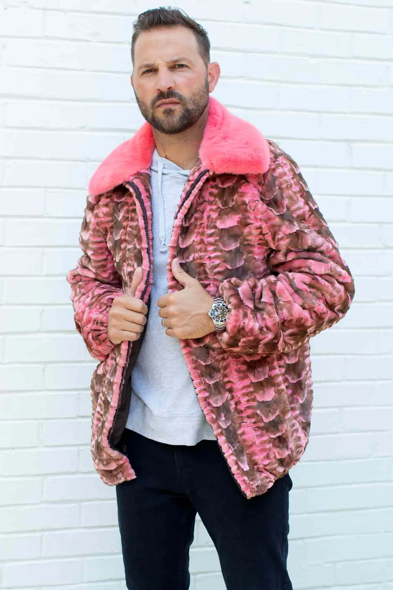 Men's Sheared Mink Fur Bomber Jacket with Full Skin Mink Fur Collar