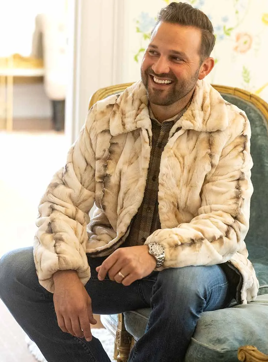 Men's Sheared Mink Fur Bomber Jacket with Full Skin Mink Fur Collar