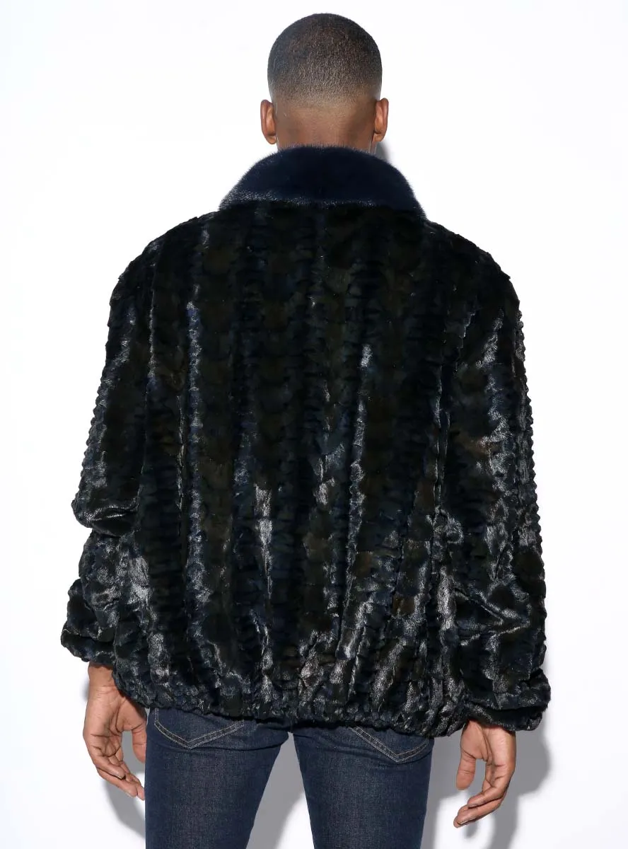 Men's Sheared Mink Fur Bomber Jacket with Full Skin Mink Fur Collar