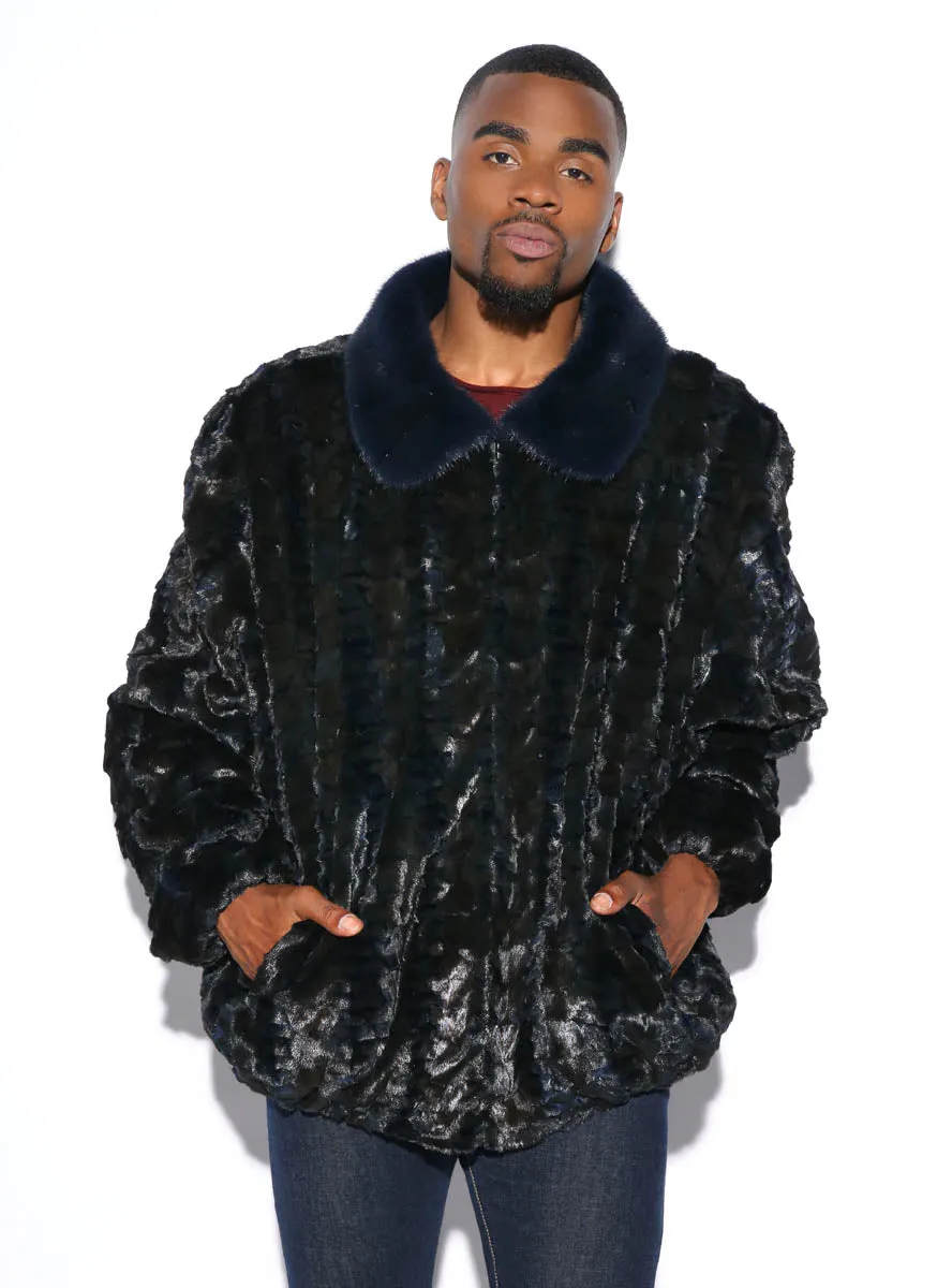 Men's Sheared Mink Fur Bomber Jacket with Full Skin Mink Fur Collar