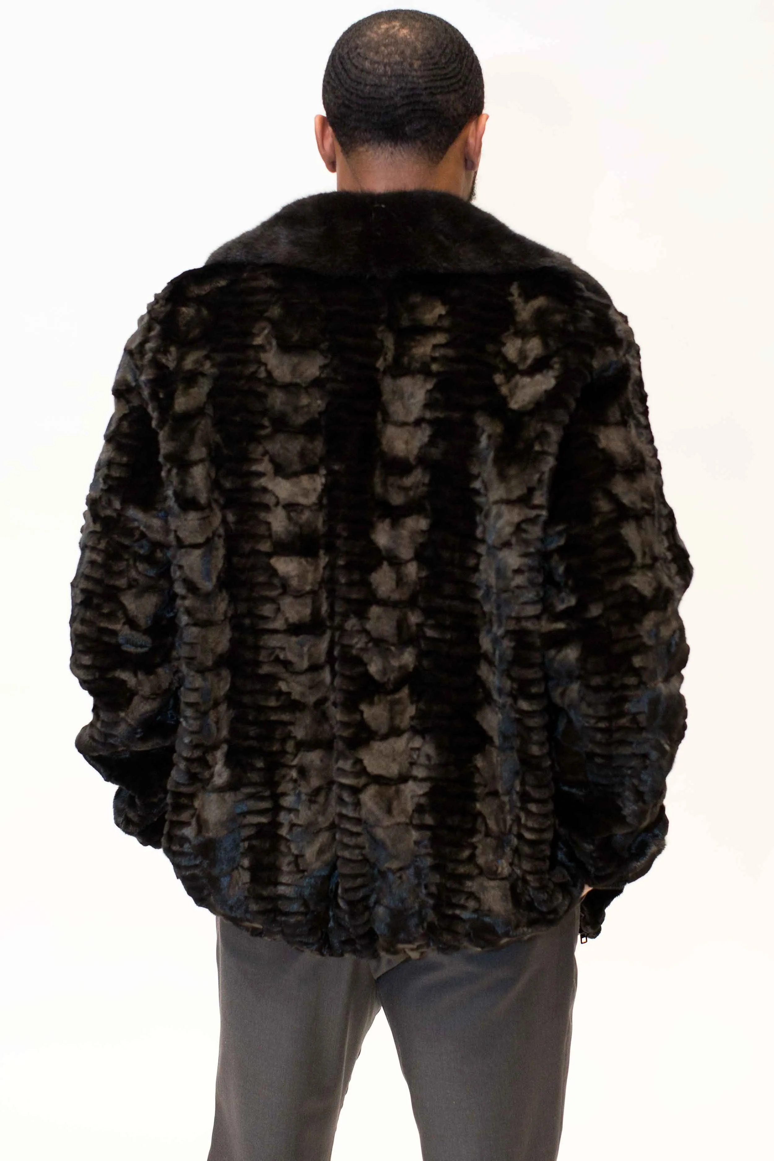 Men's Sheared Mink Fur Bomber Jacket with Full Skin Mink Fur Collar