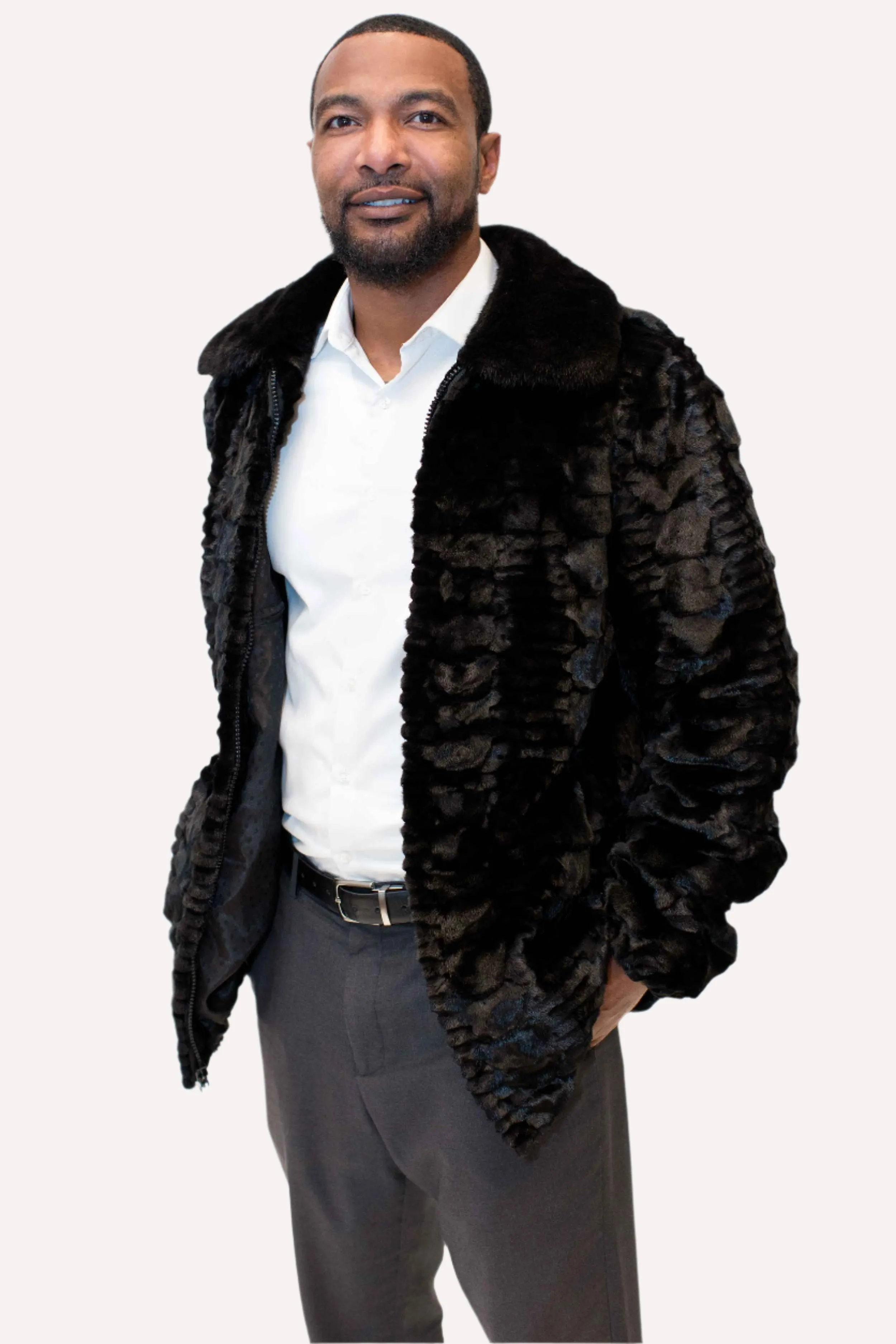 Men's Sheared Mink Fur Bomber Jacket with Full Skin Mink Fur Collar