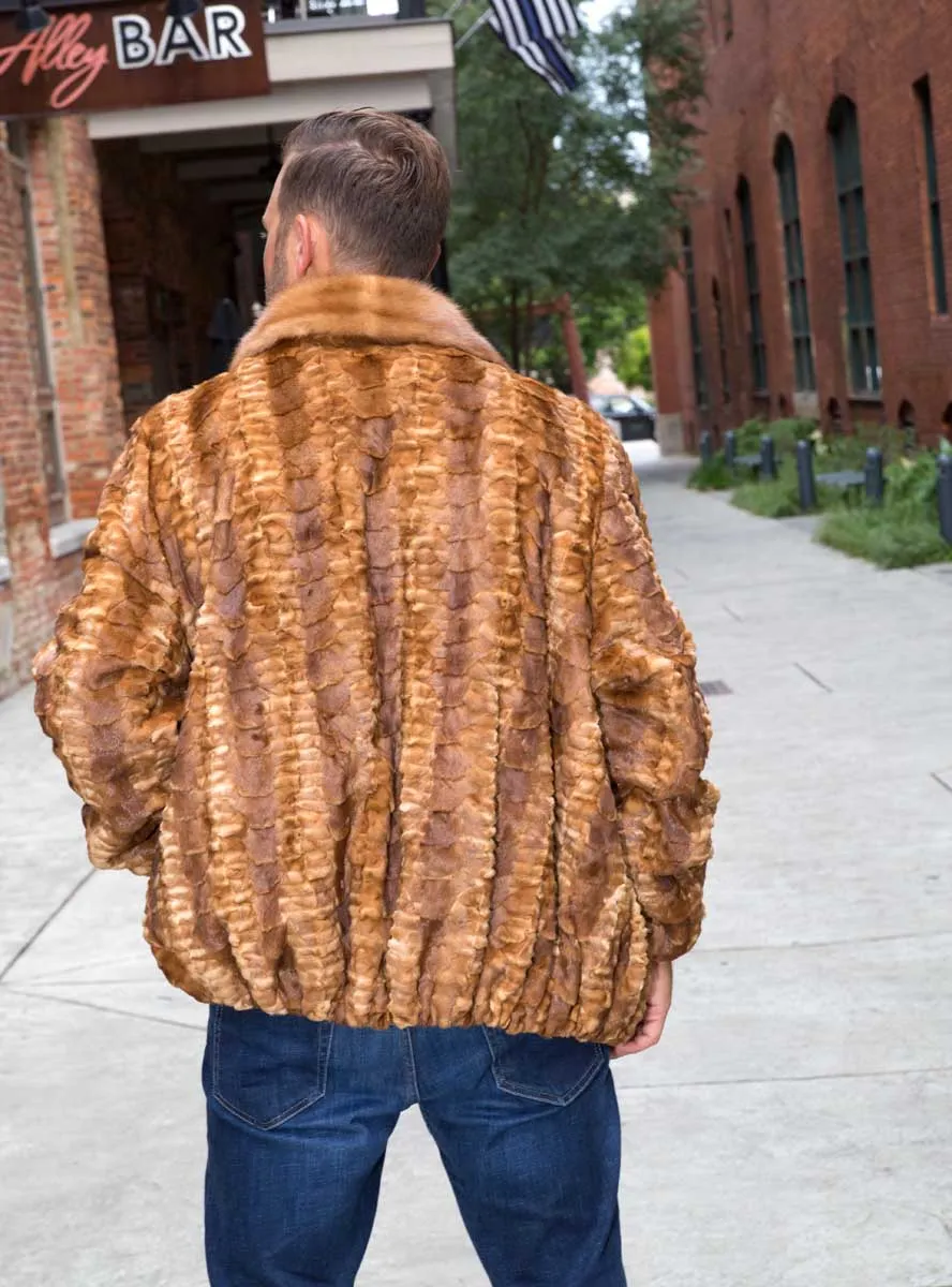 Men's Sheared Mink Fur Bomber Jacket with Full Skin Mink Fur Collar
