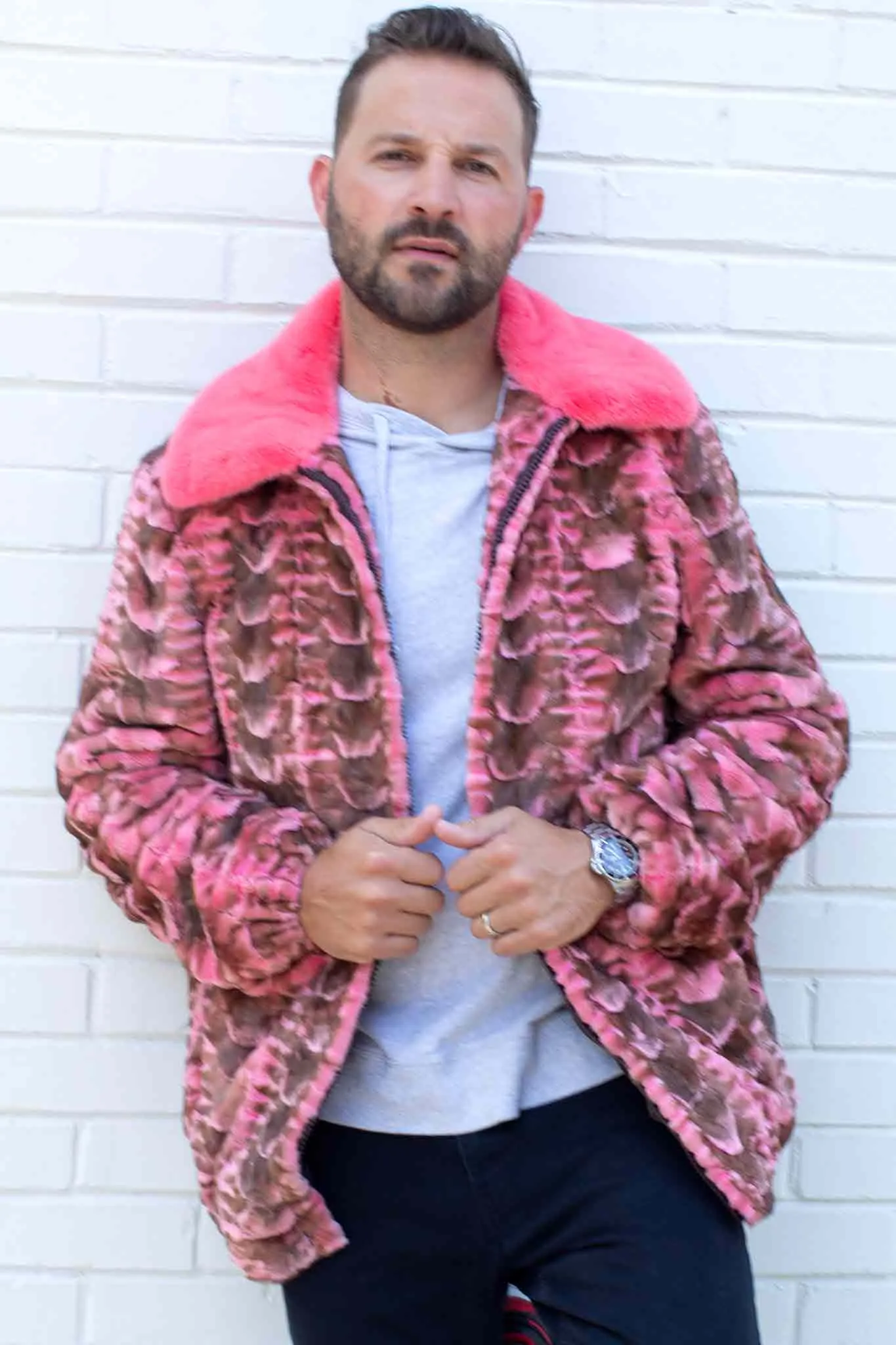 Men's Sheared Mink Fur Bomber Jacket with Full Skin Mink Fur Collar