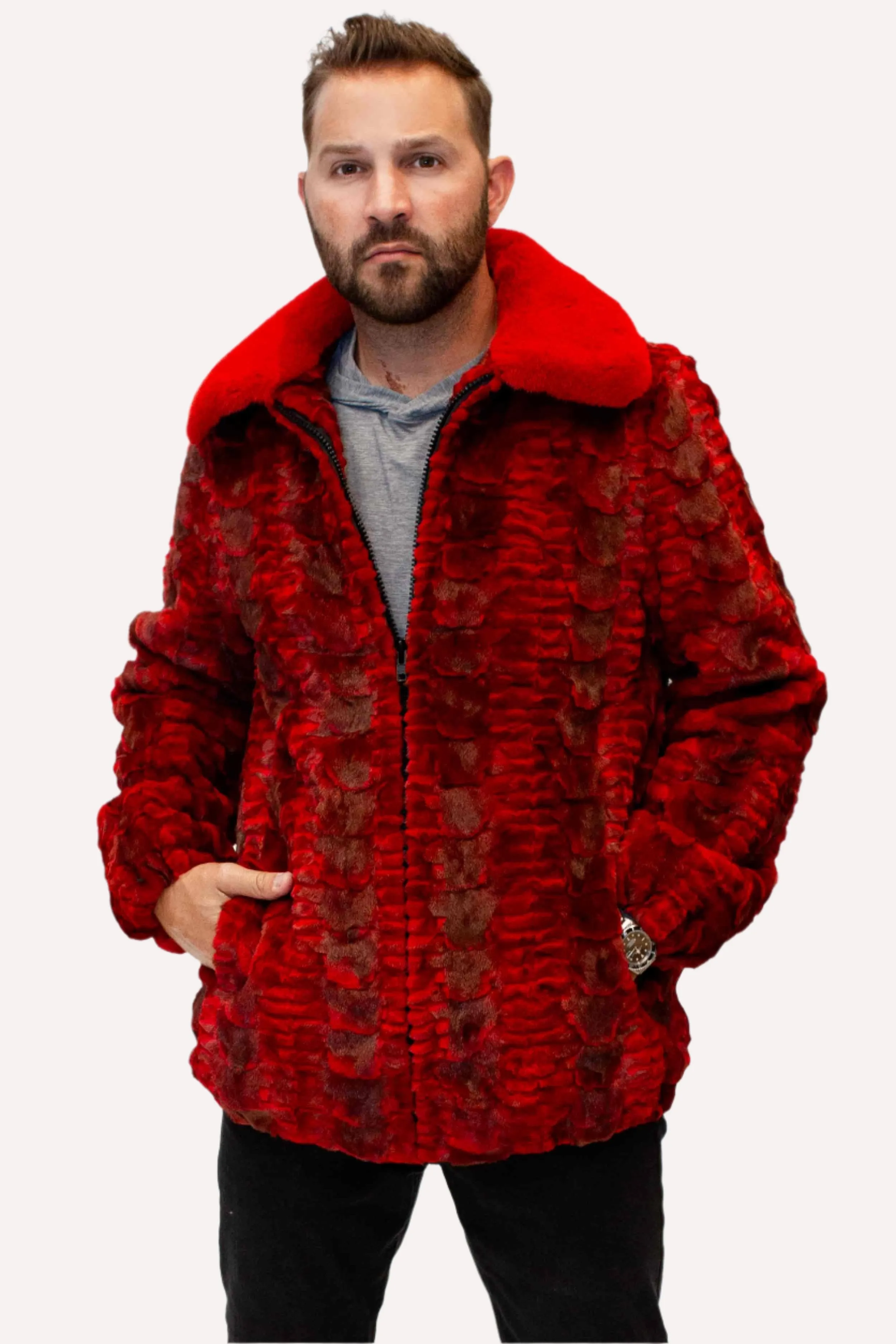 Men's Sheared Mink Fur Bomber Jacket with Full Skin Mink Fur Collar