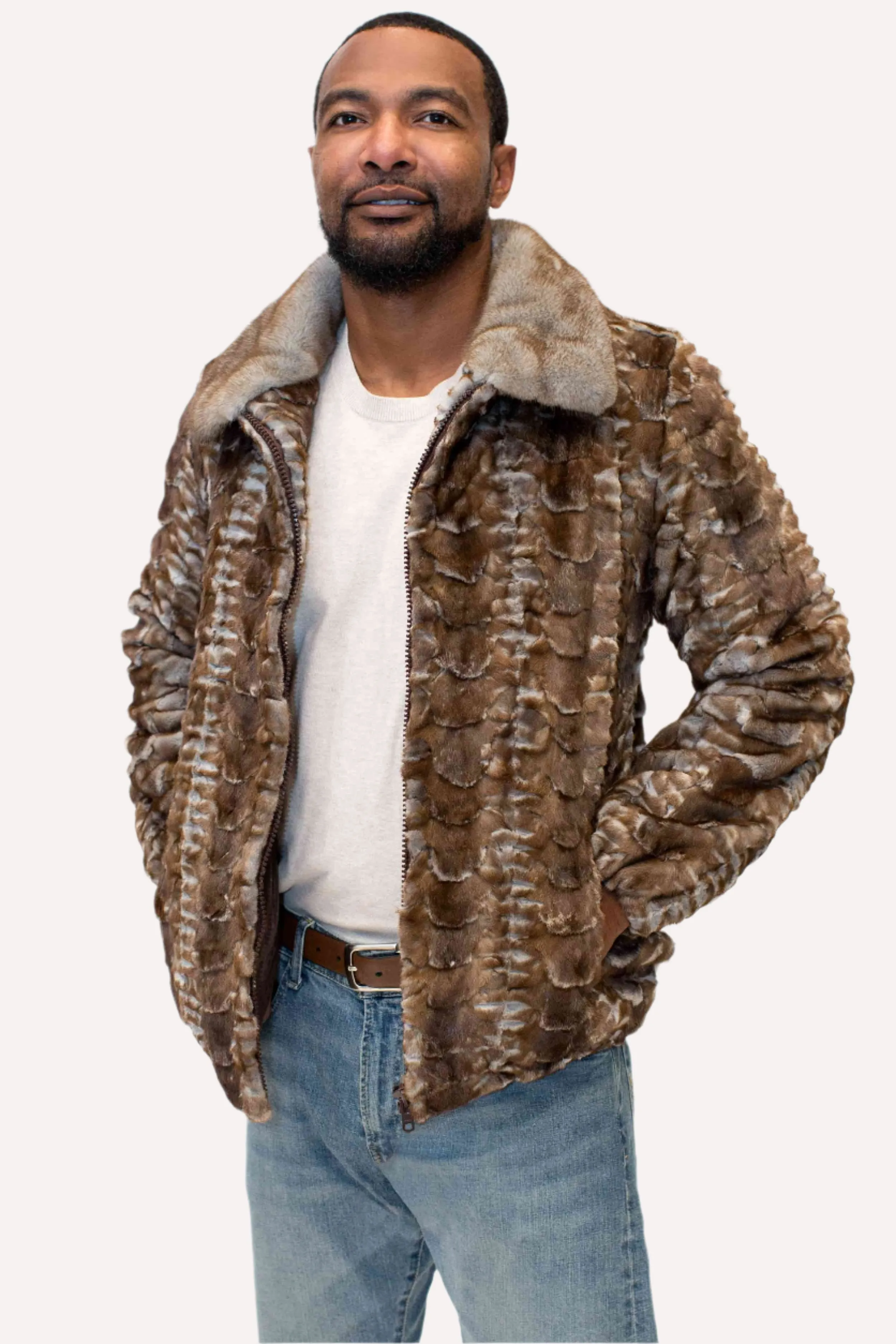 Men's Sheared Mink Fur Bomber Jacket with Full Skin Mink Fur Collar