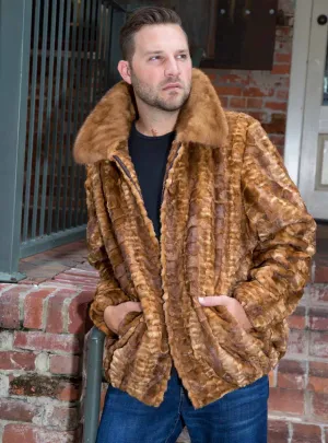 Men's Sheared Mink Fur Bomber Jacket with Full Skin Mink Fur Collar