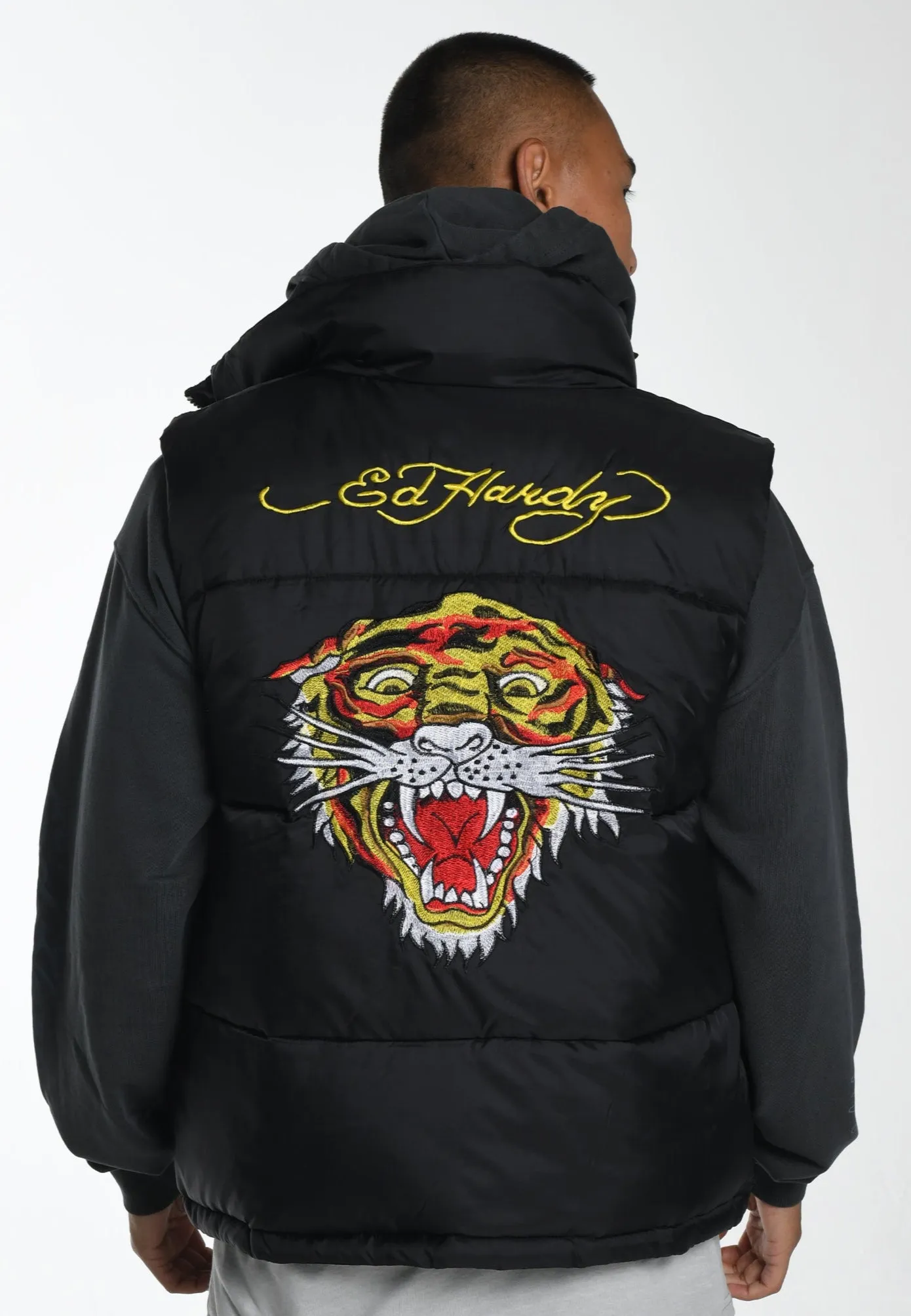 Mens Tiger-Head-Gillet Puffer Jacket - Black