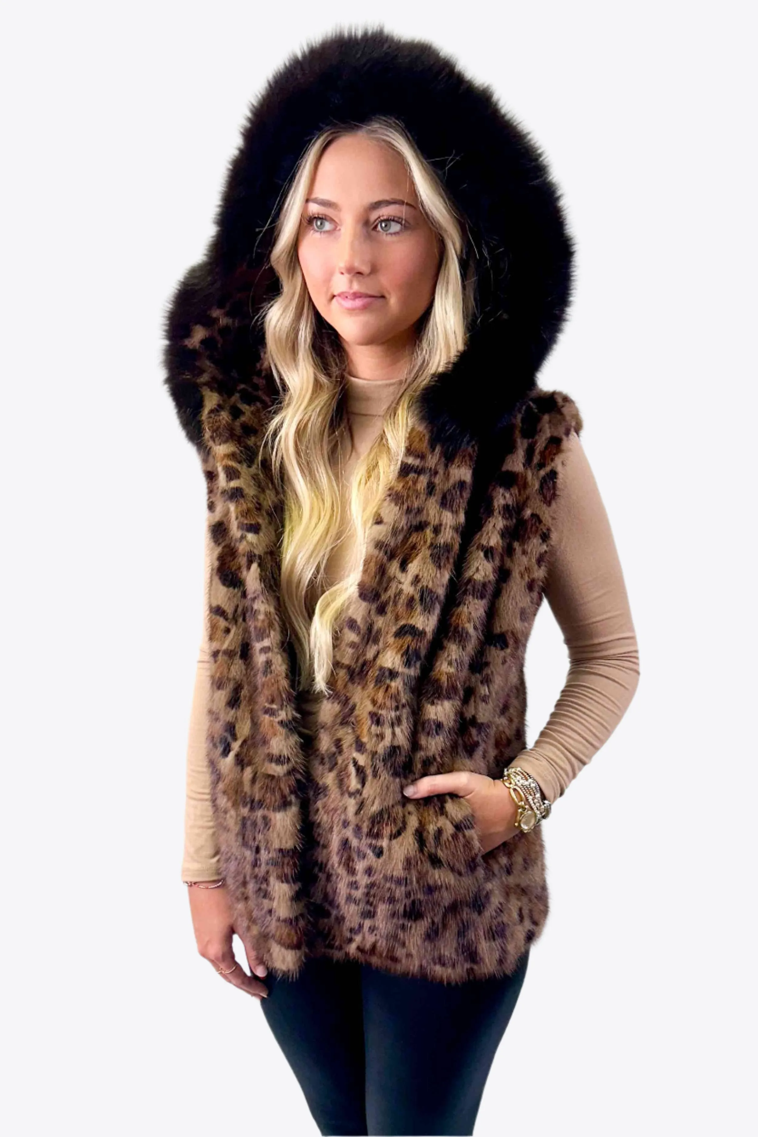 Mink Fur Vest with Fox Fur Trim Hood