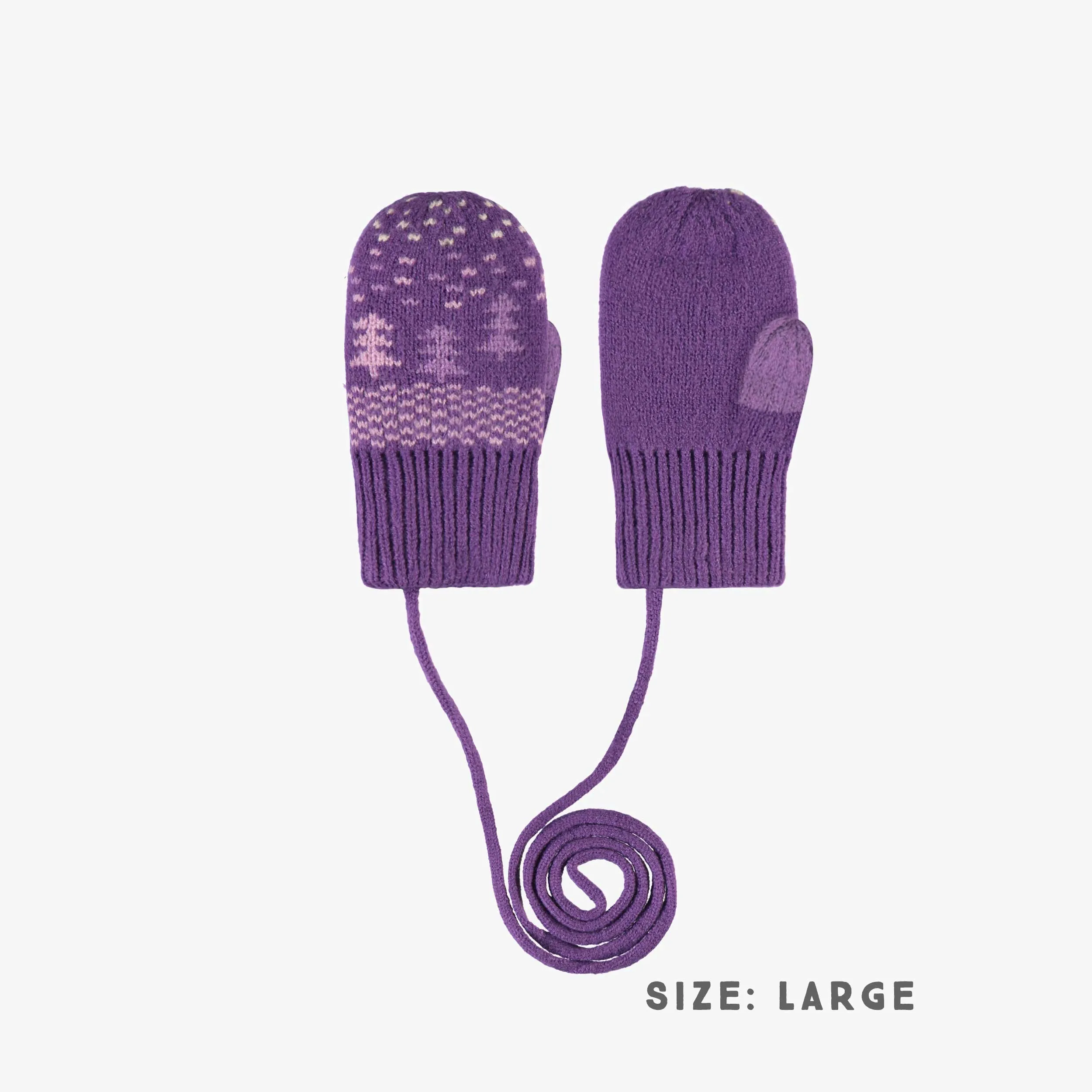 Mitaines mauves à motifs avec cordon en tricot, bébé || Purple knitted mittens with print and cord, baby