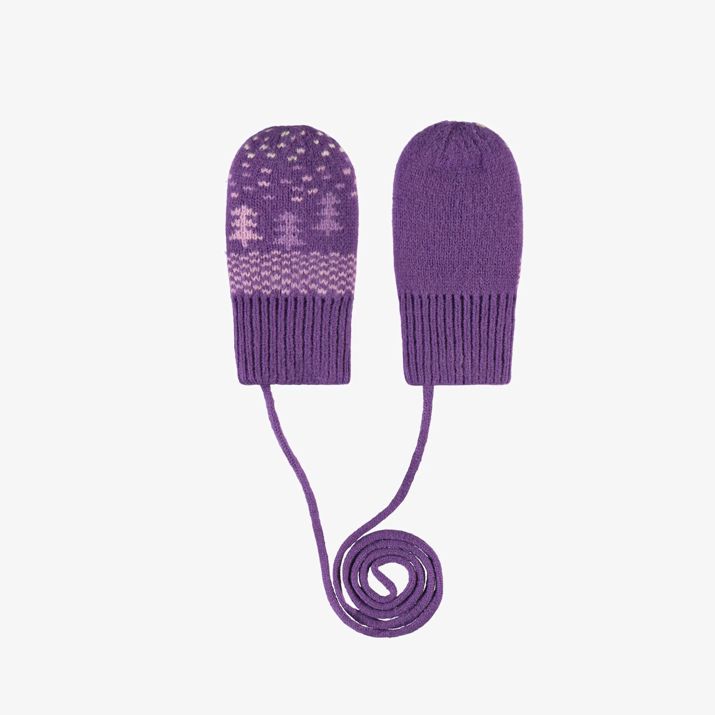 Mitaines mauves à motifs avec cordon en tricot, bébé || Purple knitted mittens with print and cord, baby