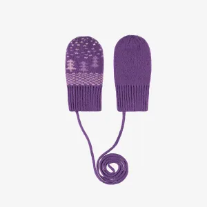 Mitaines mauves à motifs avec cordon en tricot, bébé || Purple knitted mittens with print and cord, baby