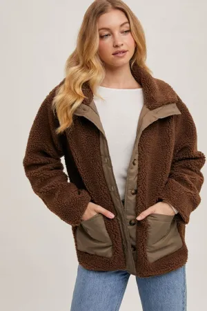 MOCHA BUTTON DOWN CONTRAST FLEECE JACKET