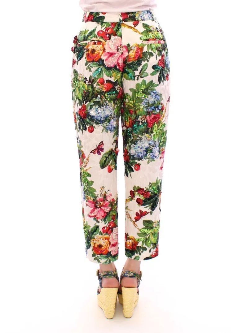 Multicolor Floral Crystal Sequined Cropped Pants