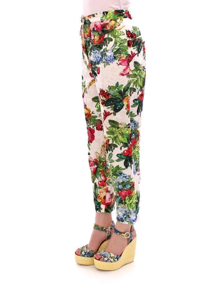 Multicolor Floral Crystal Sequined Cropped Pants