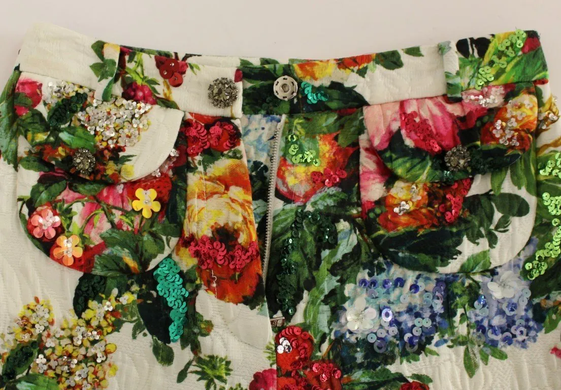 Multicolor Floral Crystal Sequined Cropped Pants