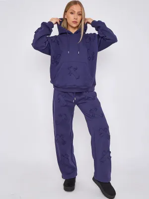 Navy Oversized Crucifix Cross Embroidered Hooded Fleece Co-ord Loungewear Set