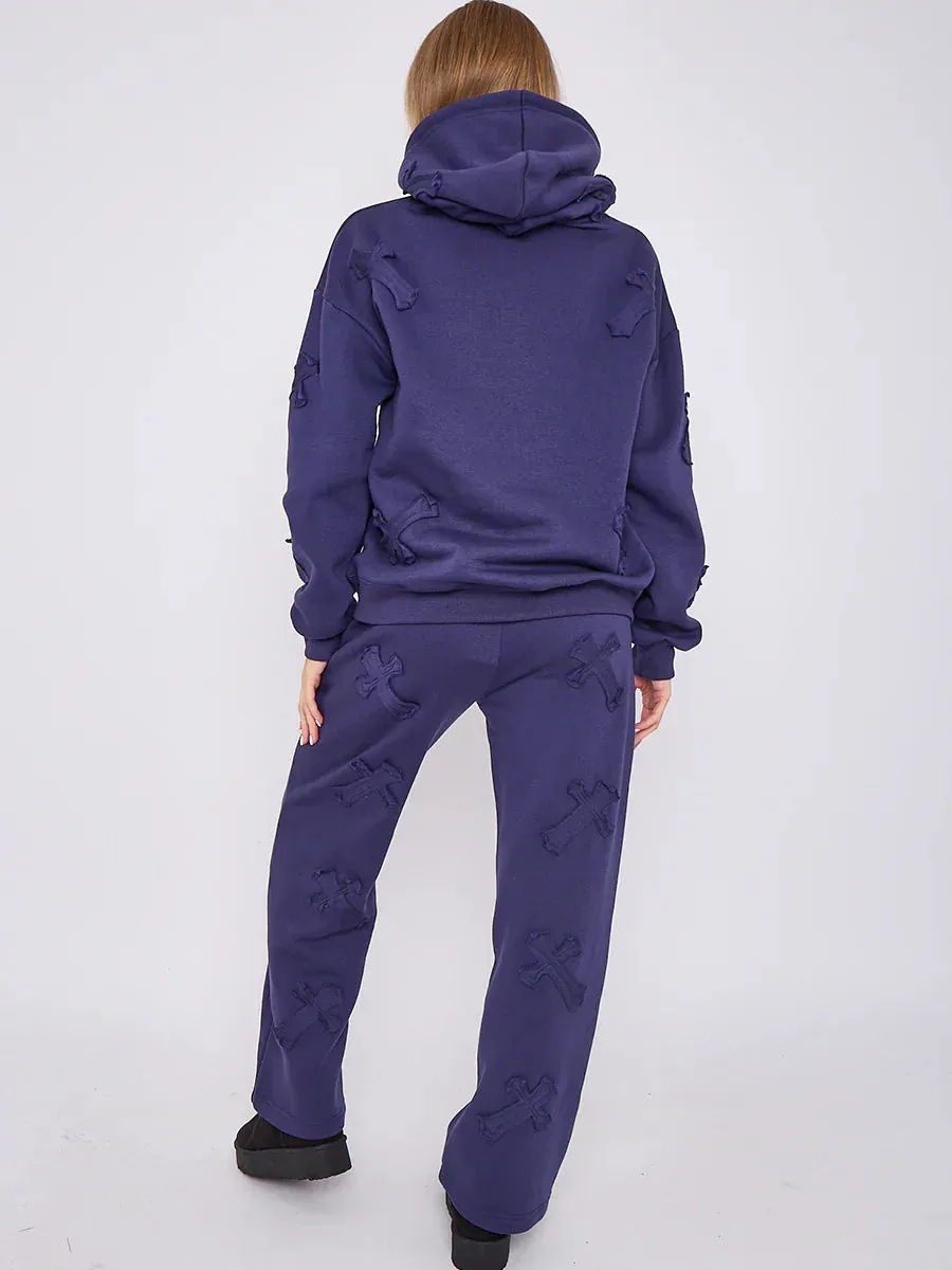 Navy Oversized Crucifix Cross Embroidered Hooded Fleece Co-ord Loungewear Set