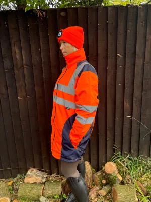 New orange long hi vis thin waterproof coat with pack away hood 🤍