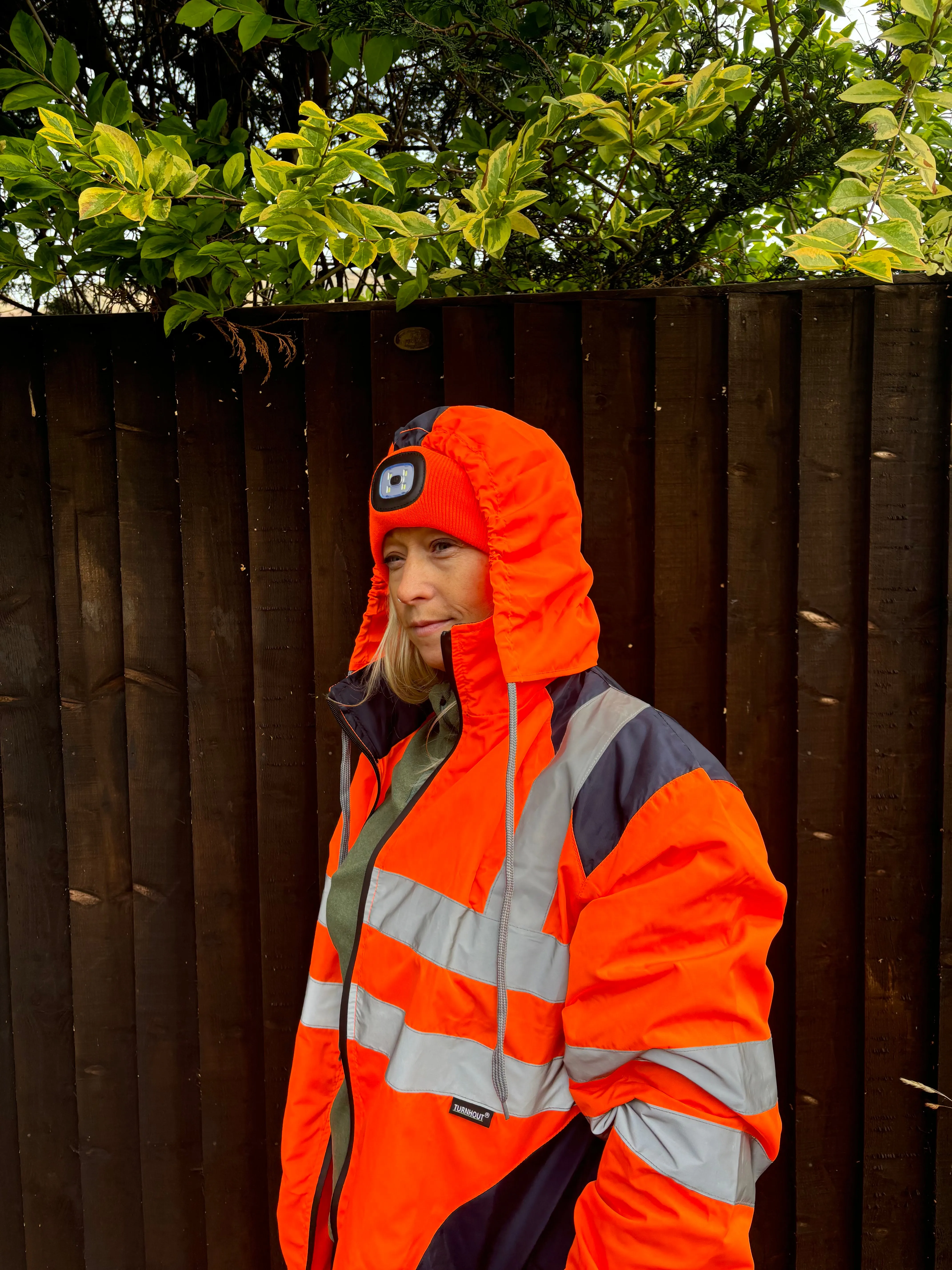 New orange long hi vis thin waterproof coat with pack away hood 🤍