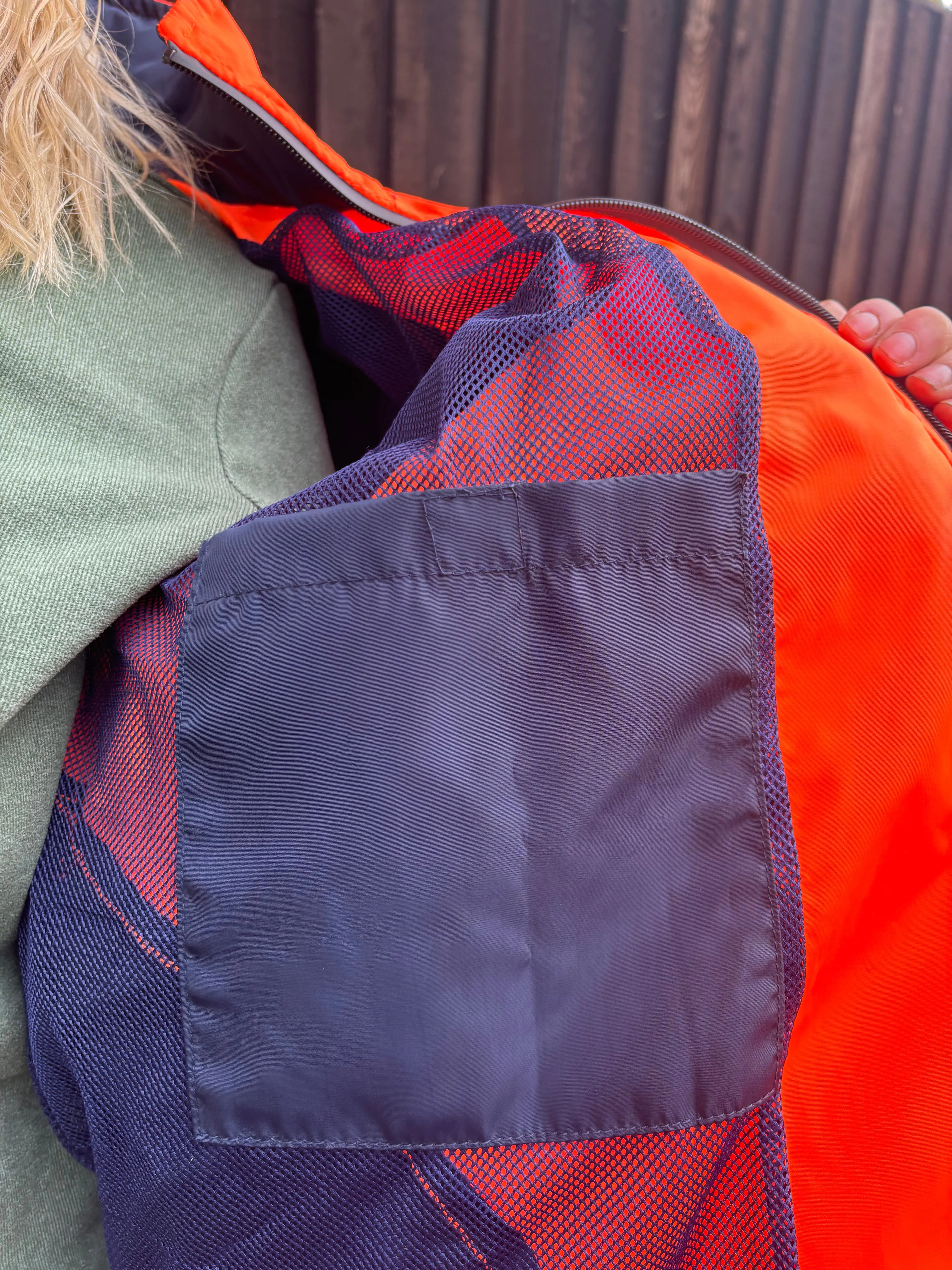 New orange long hi vis thin waterproof coat with pack away hood 🤍