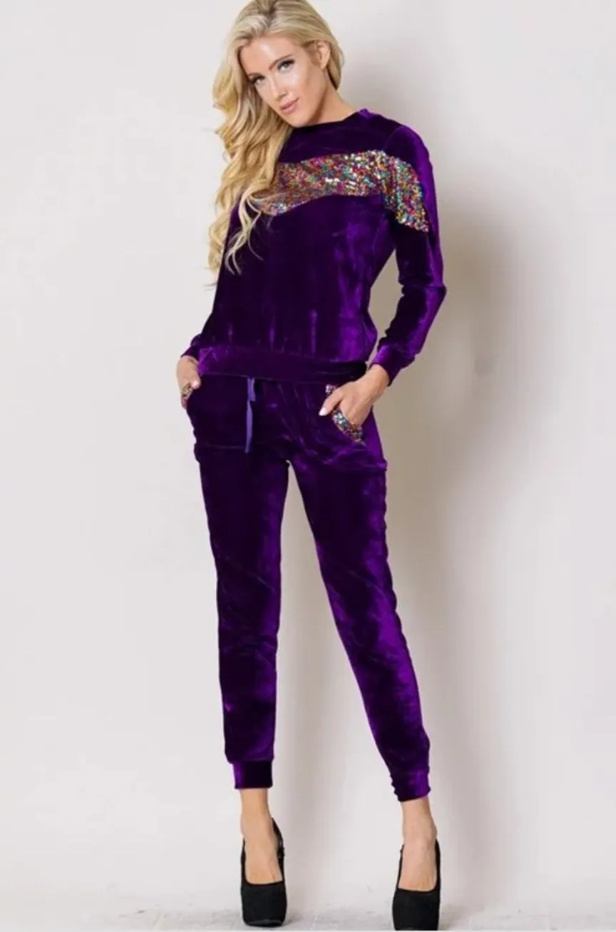 Nia Purple Multi Color Sequin Front Velvet 2 Piece Set