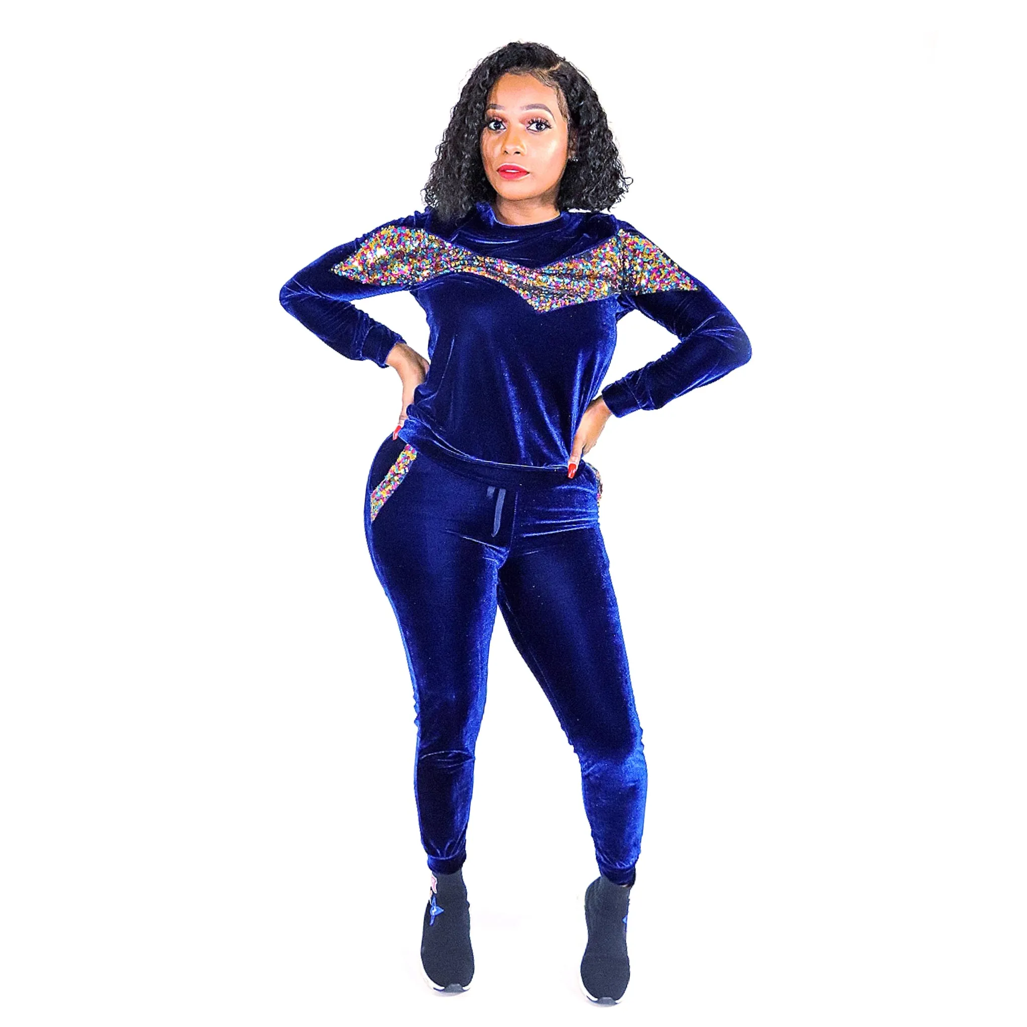 Nia Royal Blue Multi Color Sequin Front Velour 2 Piece Set