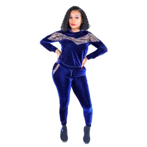 Nia Royal Blue Multi Color Sequin Front Velour 2 Piece Set