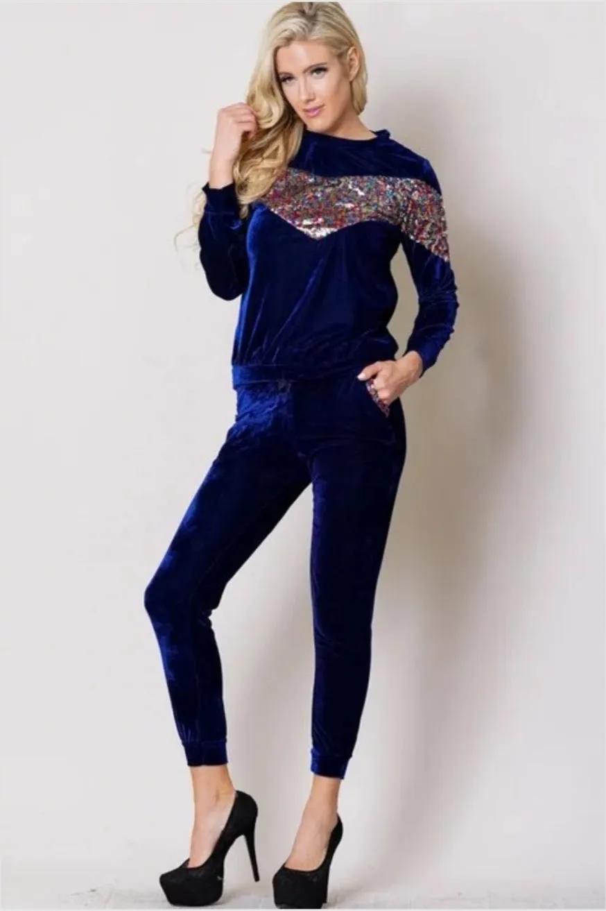 Nia Royal Blue Multi Color Sequin Front Velour 2 Piece Set