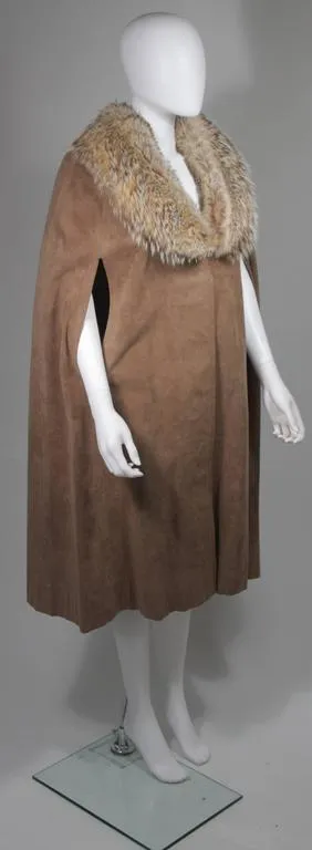 NOLAN MILLER Brown Suede Cloak with Fox Fur Collar