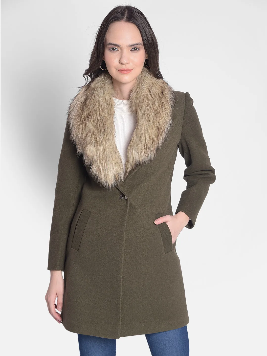 Olive Overcoat With Faux Fur Detail