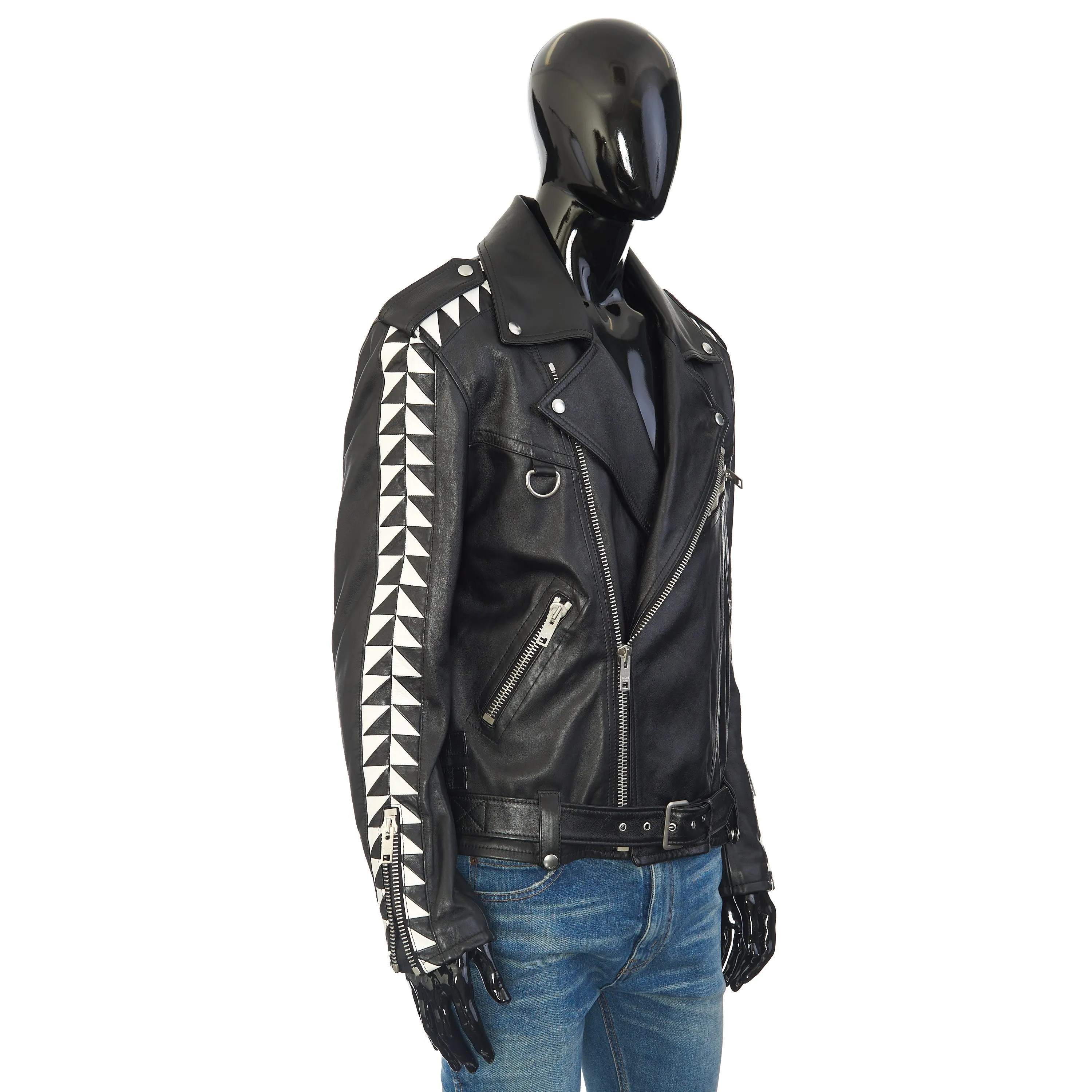Oversized Biker Jacket With Triangle Bands In Black Calfskin