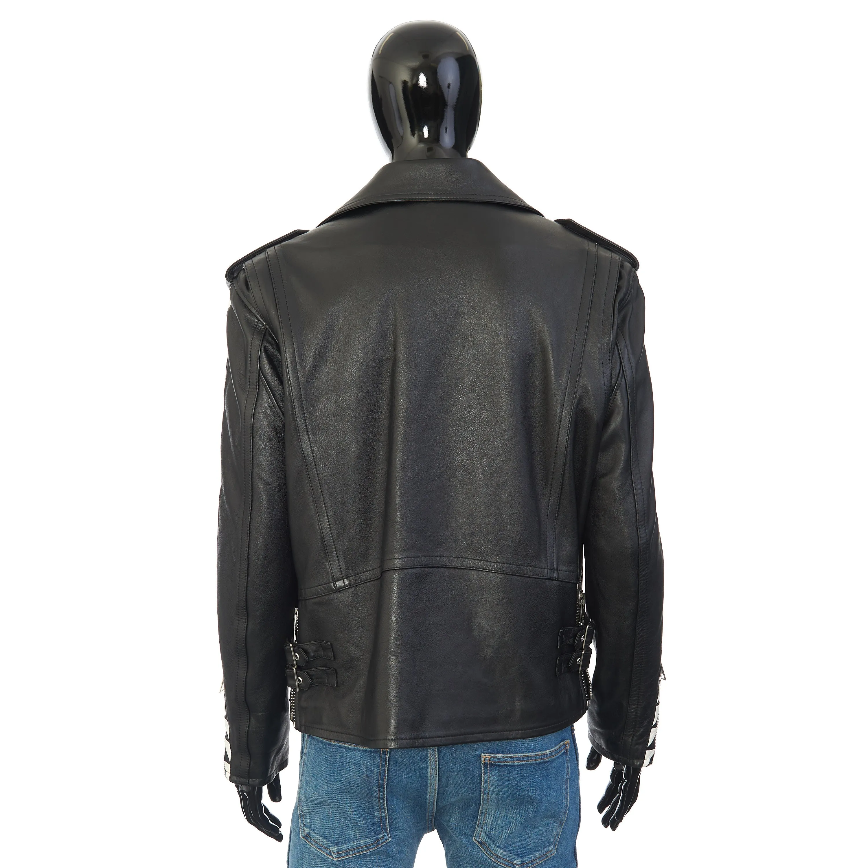 Oversized Biker Jacket With Triangle Bands In Black Calfskin