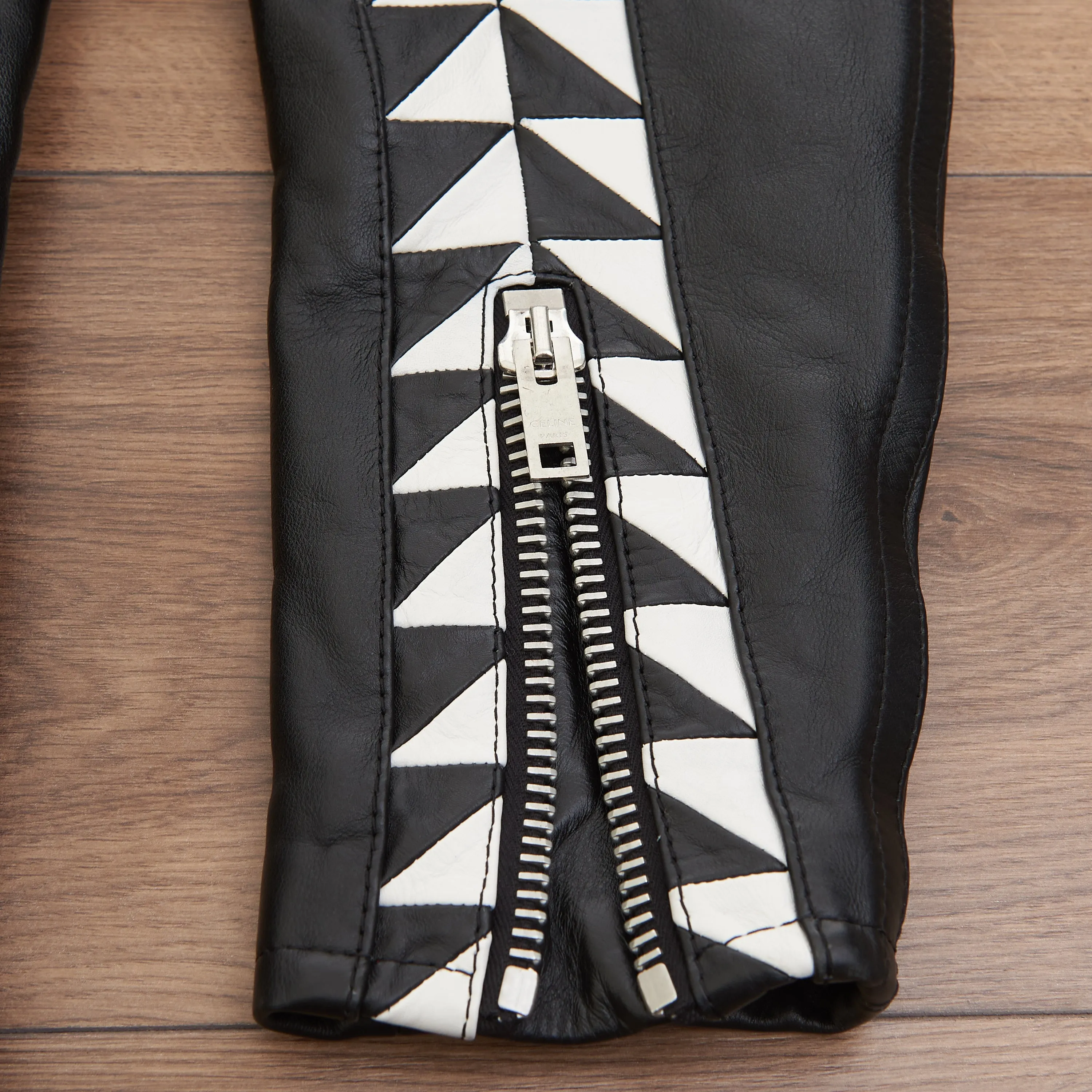 Oversized Biker Jacket With Triangle Bands In Black Calfskin