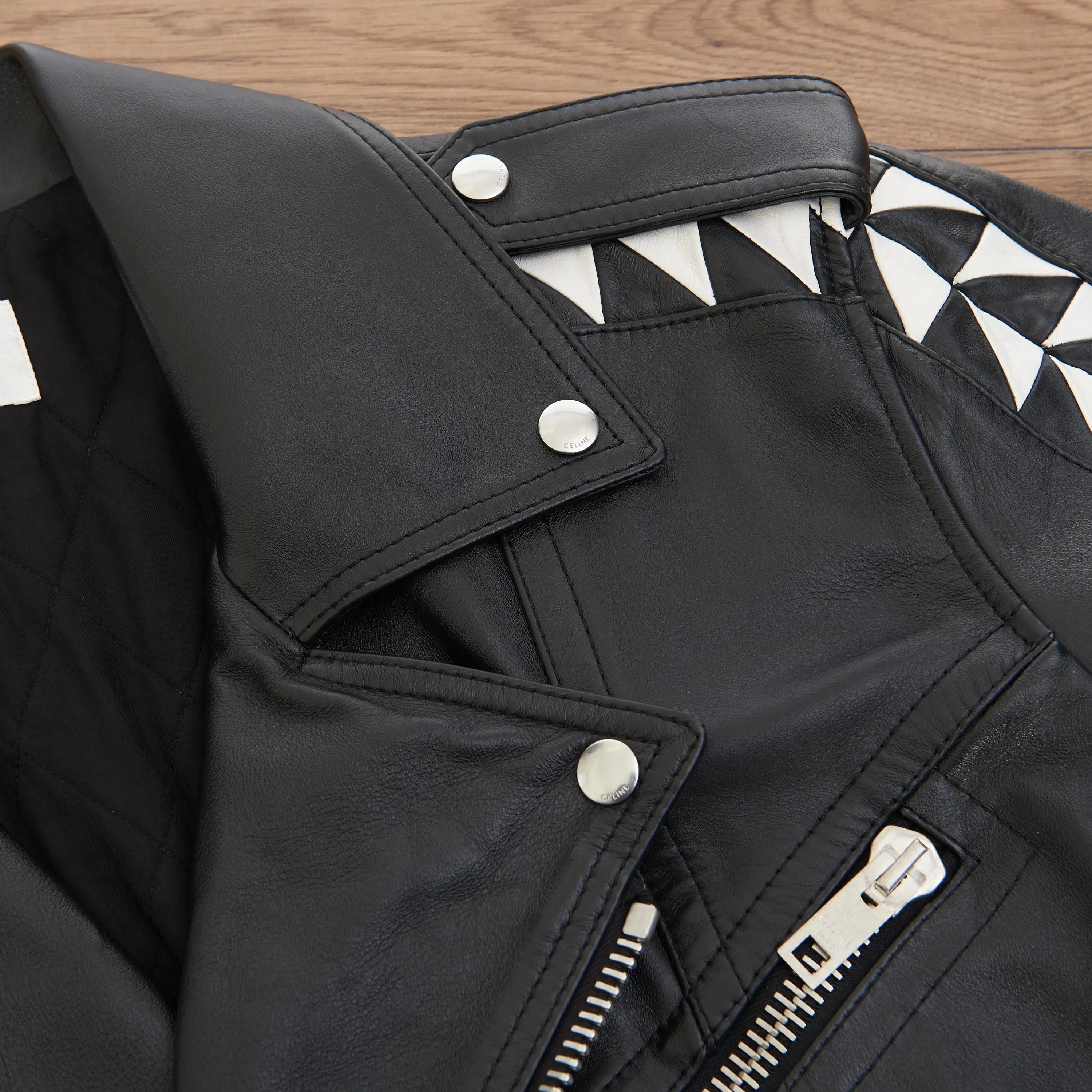 Oversized Biker Jacket With Triangle Bands In Black Calfskin