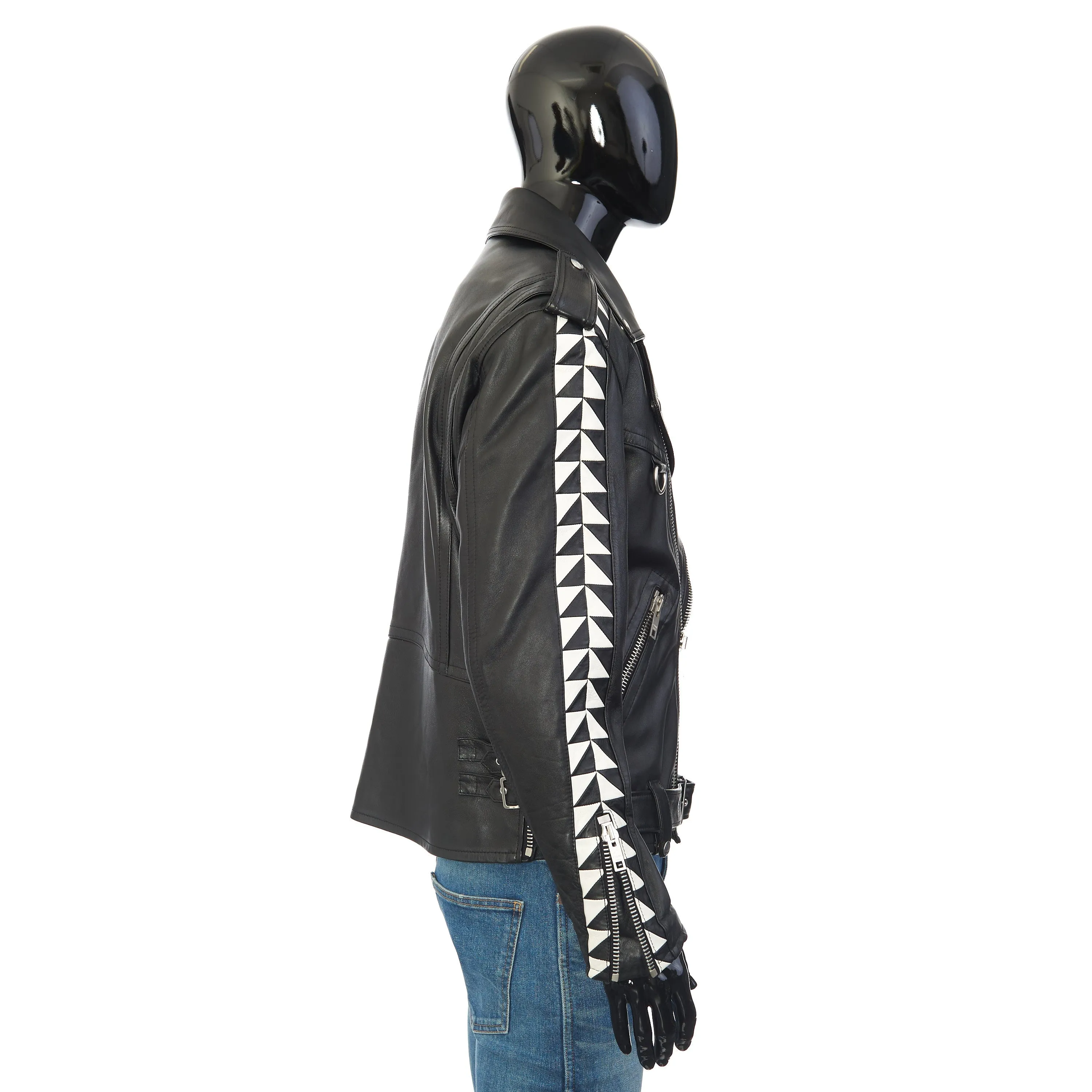 Oversized Biker Jacket With Triangle Bands In Black Calfskin