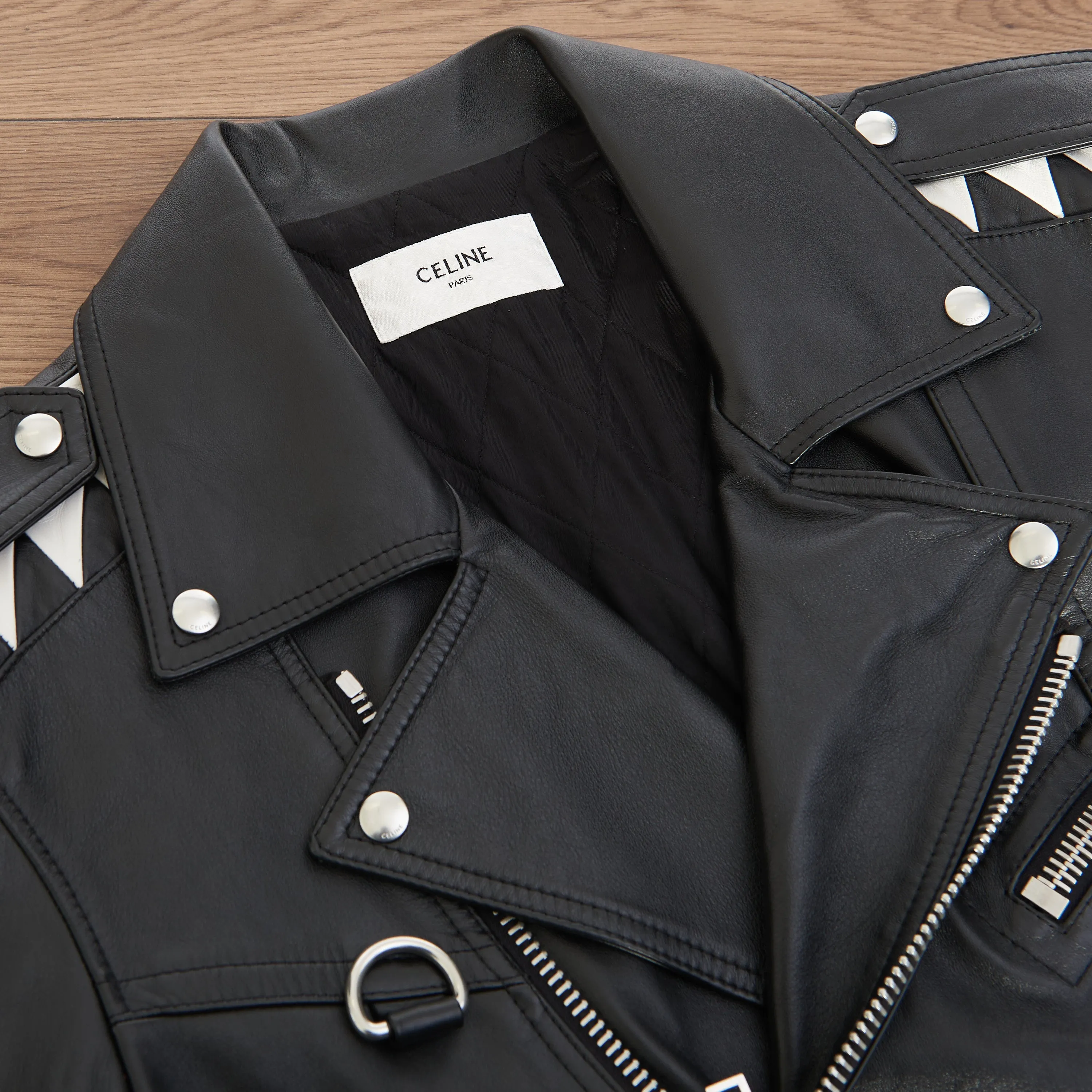 Oversized Biker Jacket With Triangle Bands In Black Calfskin