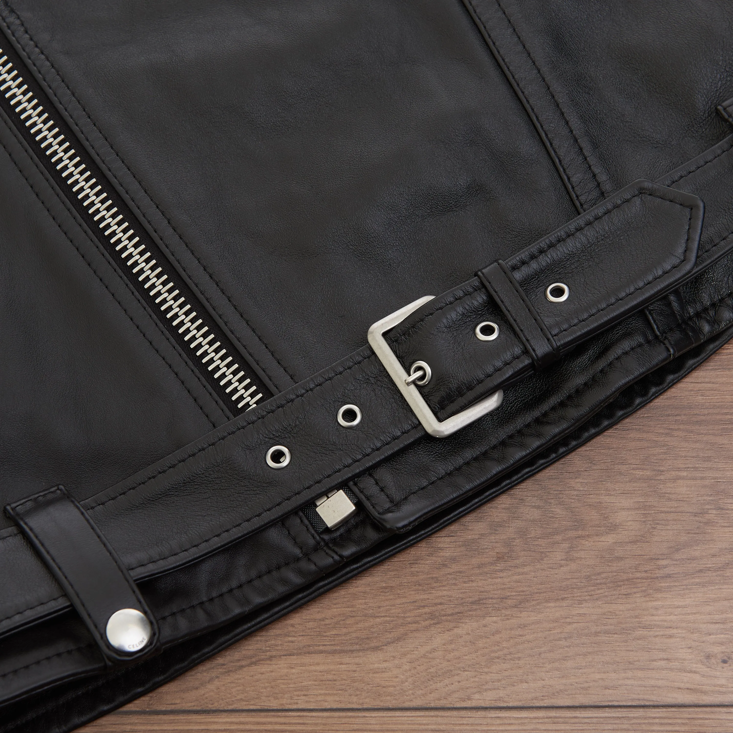 Oversized Biker Jacket With Triangle Bands In Black Calfskin