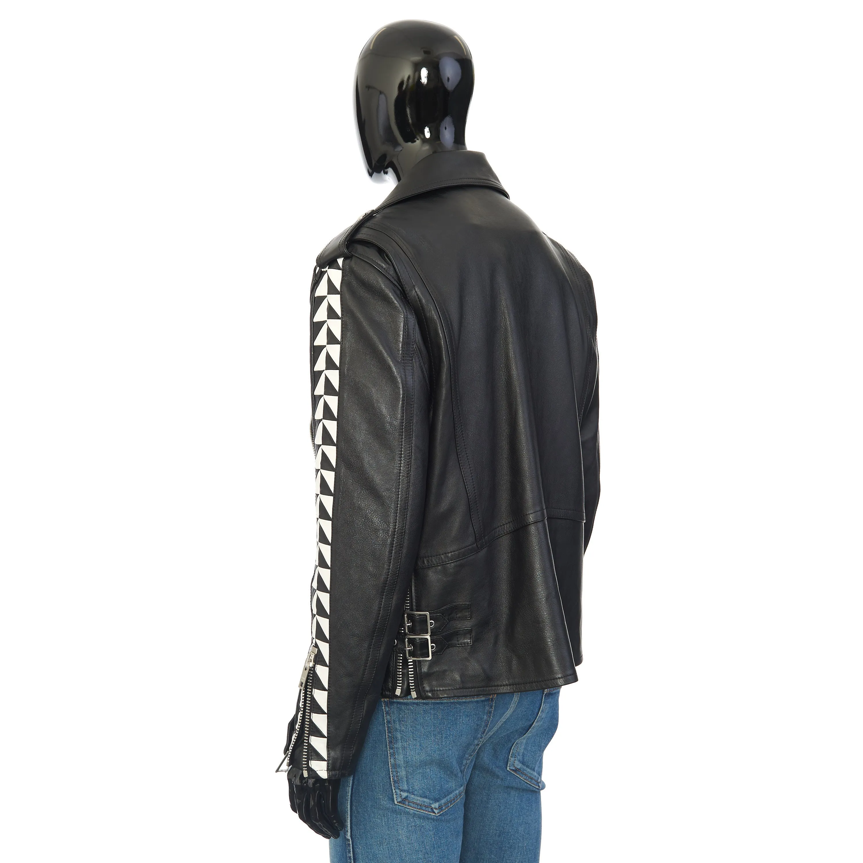 Oversized Biker Jacket With Triangle Bands In Black Calfskin