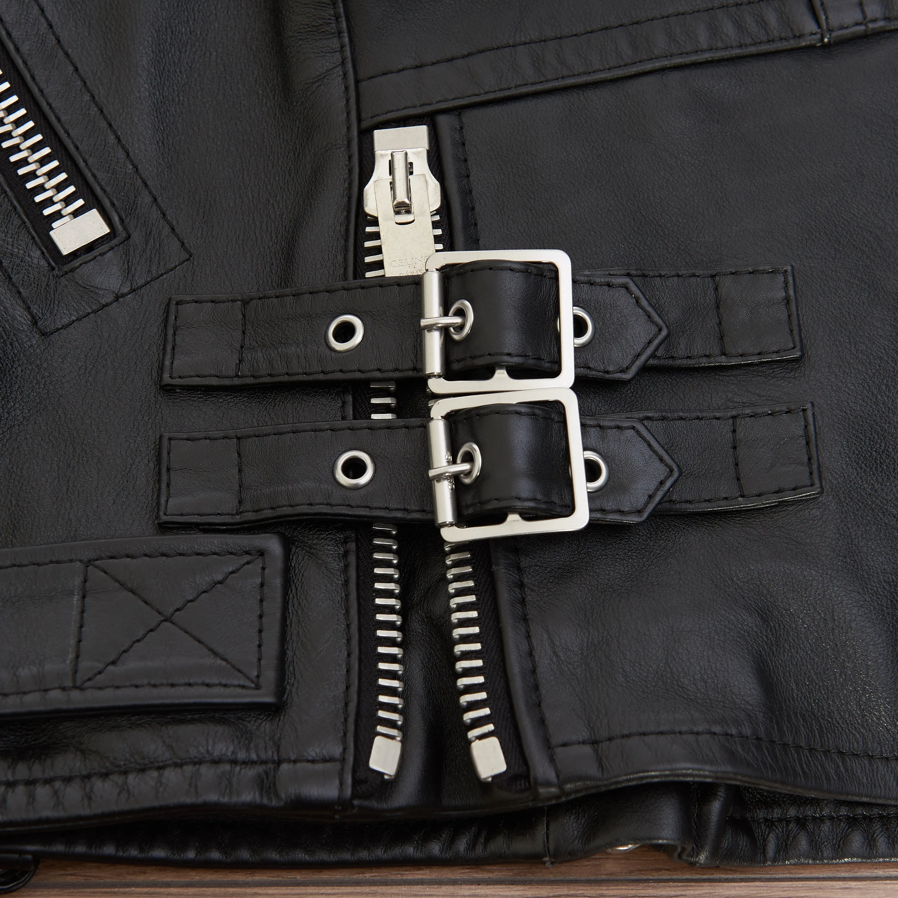 Oversized Biker Jacket With Triangle Bands In Black Calfskin