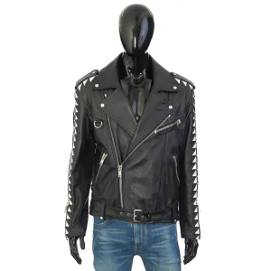 Oversized Biker Jacket With Triangle Bands In Black Calfskin