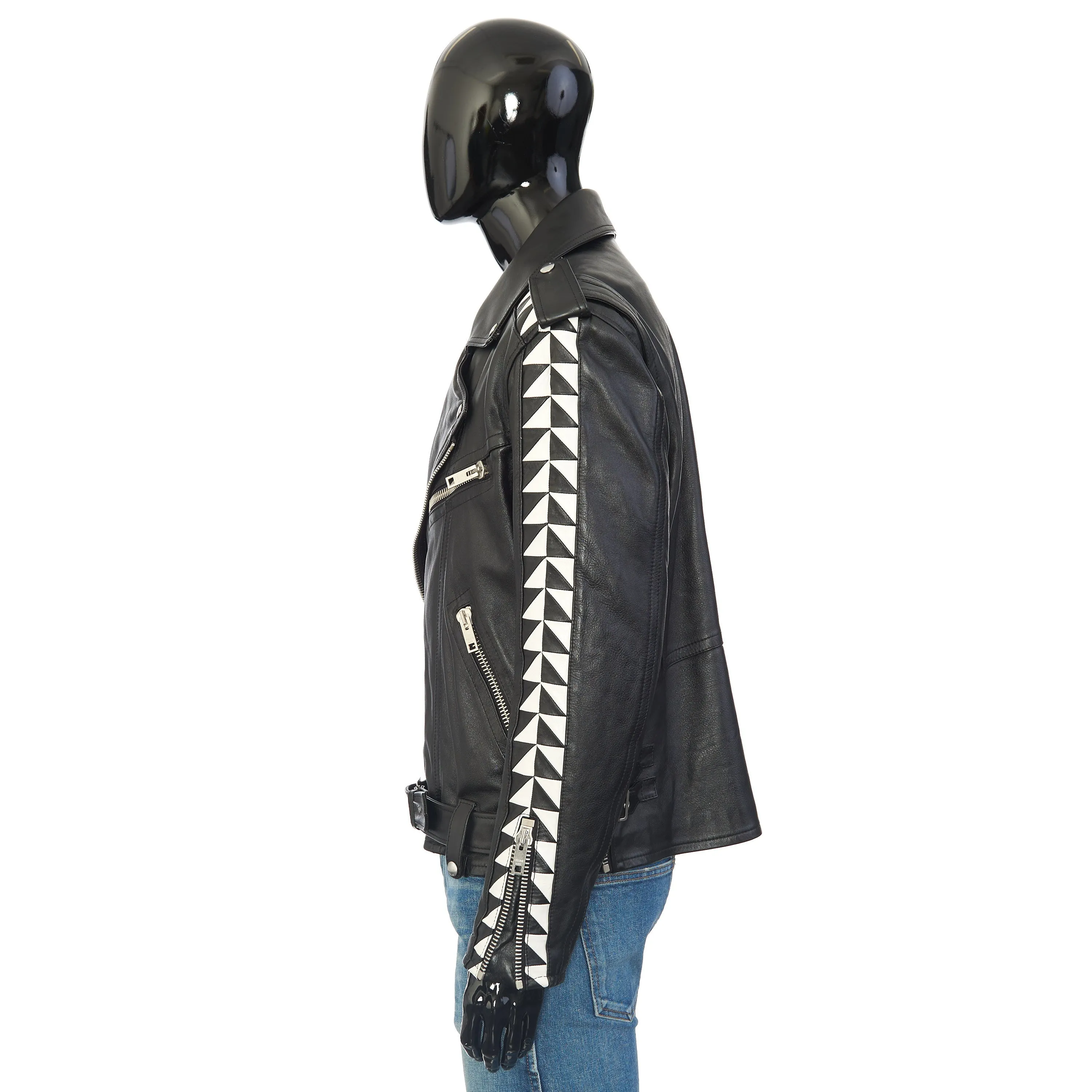 Oversized Biker Jacket With Triangle Bands In Black Calfskin