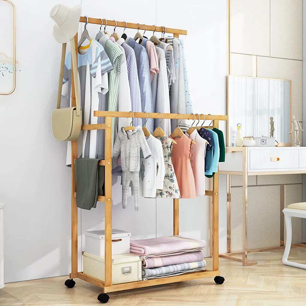 P&P Double Rail Heavy Strong Rolling Clothes Rack with Trousers Rack & Bottom Shelf