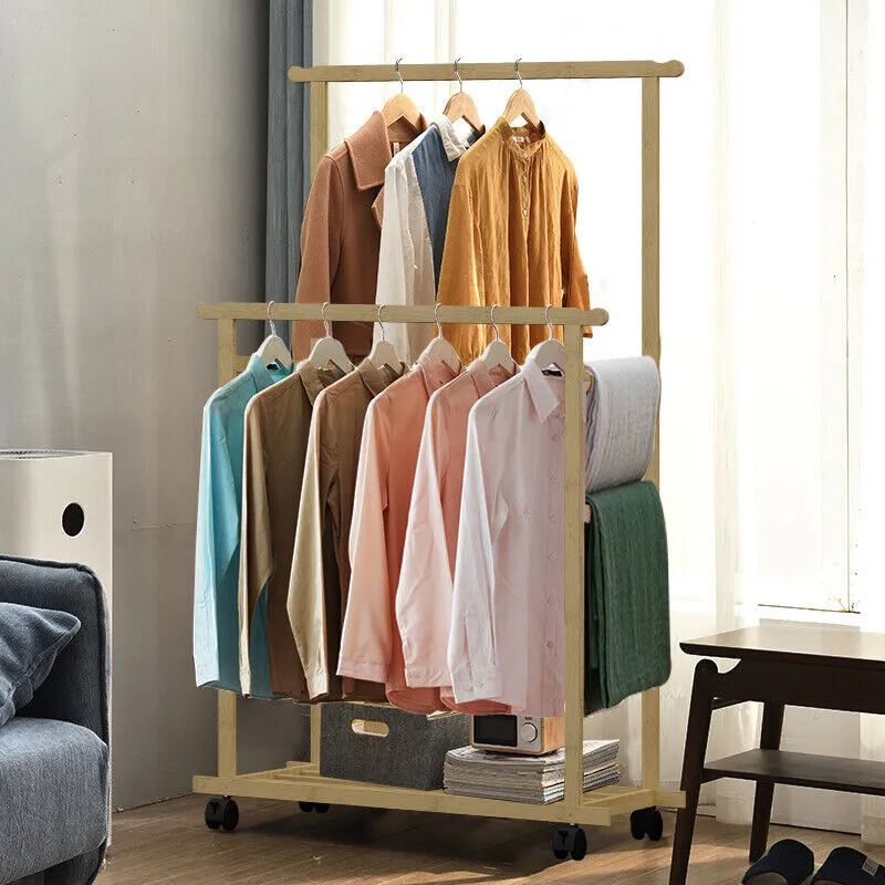 P&P Double Rail Heavy Strong Rolling Clothes Rack with Trousers Rack & Bottom Shelf
