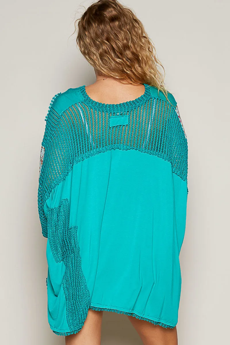 Patchwork Knit Drop Shoulder Top by POL - Tropical Peacock