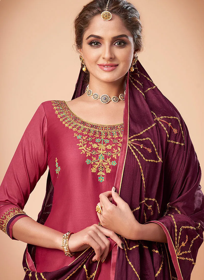 Pink And Maroon Embroidered Salwar Suit