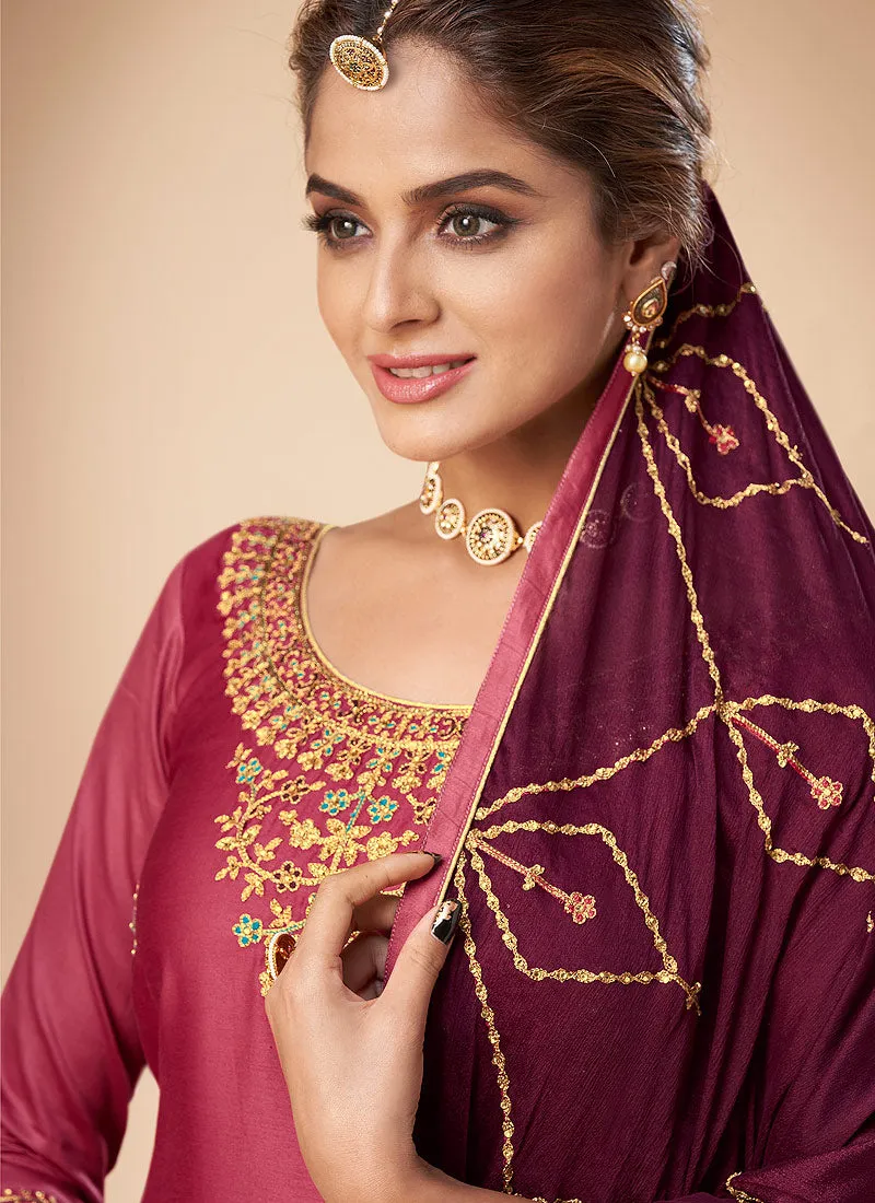 Pink And Maroon Embroidered Salwar Suit